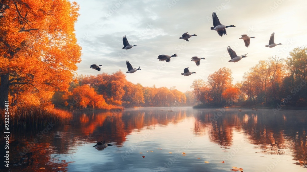 Wall mural geese flying over autumnal lake