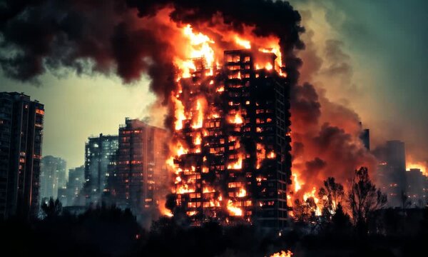 Burning high-rise building in urban disaster, large-scale fire, emergency response, apocalyptic scene, residential destruction, intense flames, dark smoke, catastrophe
