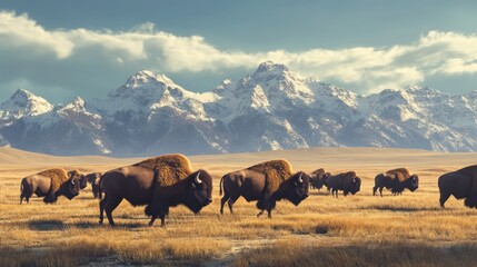 Bison Herd in Front of a Mountain Range