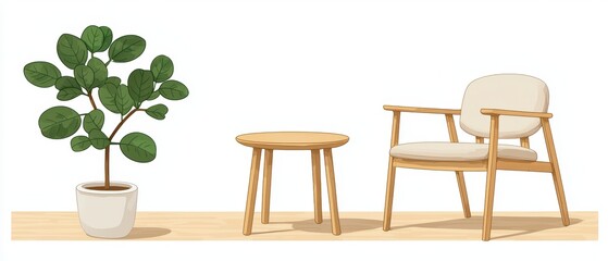 Fototapeta premium Stylish interior scene featuring a potted plant, wooden chair, and round table, perfect for home decor inspiration.