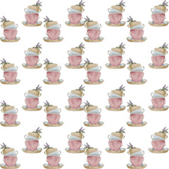 Pattern of teacups and desserts on a white background, ideal for fabric or wallpaper design