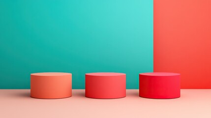 Vibrant abstract composition featuring three colorful cylindrical shapes against contrasting geometric backgrounds.