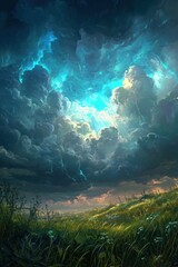 Stormy Skies Over Blossoming Meadow - A dramatic storm brews over a vibrant meadow, contrasting dark clouds with the bright greens and wildflowers below.