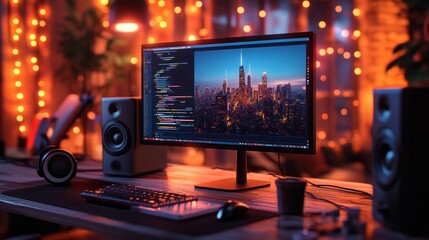 Computer Screen with Cityscape