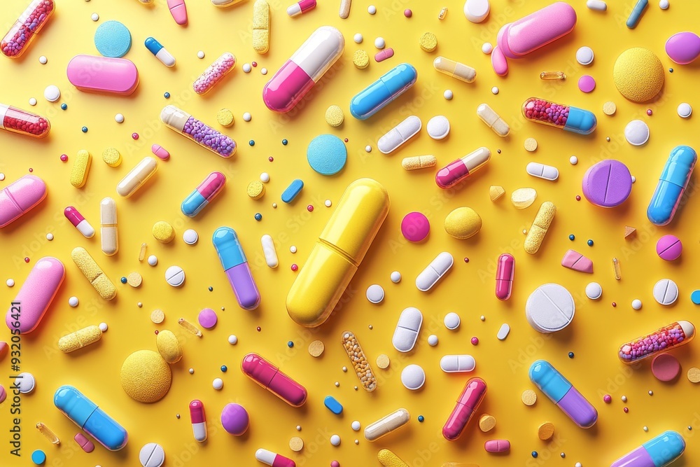 Poster vibrant and dynamic pattern of scattered pills and capsules on a yellow background symbolizing the e