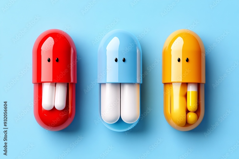Poster colorful and expressive pill characters arranged in a playful pattern on a light background represen