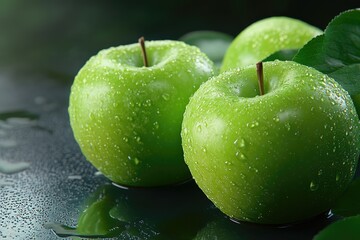 Three Green Apples with Dew Drops on a Dark Background