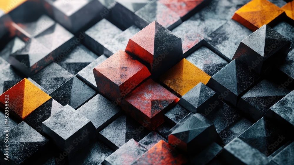 Poster geometric cubes with diverse triangle patterns, forming a modern and visually striking design.