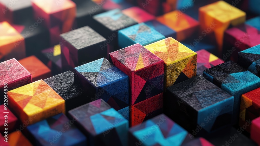 Poster geometric cubes with diverse triangle patterns, forming a modern and visually striking design.