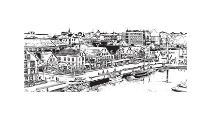 Print Building view with landmark of Stavanger is the city in Norway. Hand drawn sketch illustration in vector. 
