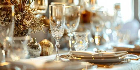Elegant Table Setting with Champagne Glasses and Gold Accents