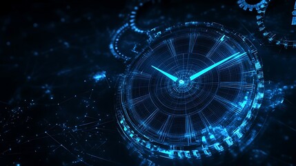 Time Synchronization Concept with Wireframe Clocks and Glowing Blue Gears on Midnight Blue Background - 3D Illustration