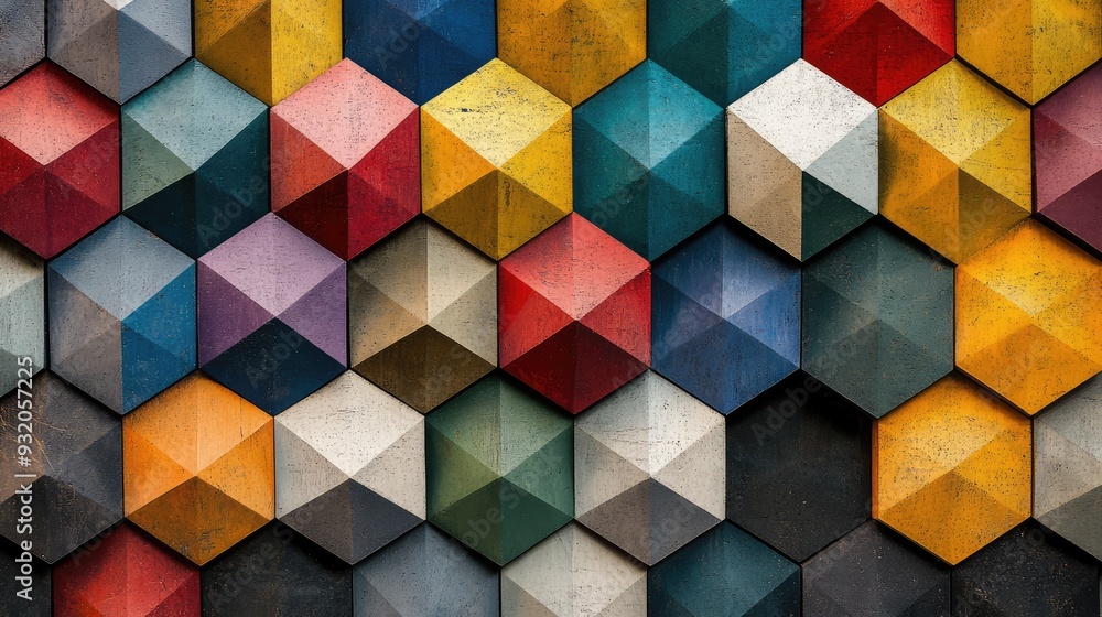 Aufkleber cubes with a variety of triangle patterns, forming a colorful, abstract geometric design.
