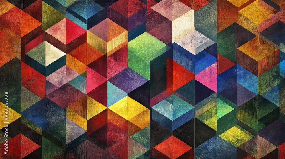 Poster cubes with a variety of triangle patterns, forming a colorful, abstract geometric design.