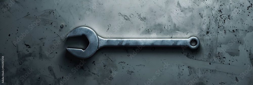 Poster a metallic wrench lies flat on a textured work surface, emphasizing its simplicity and utility in to