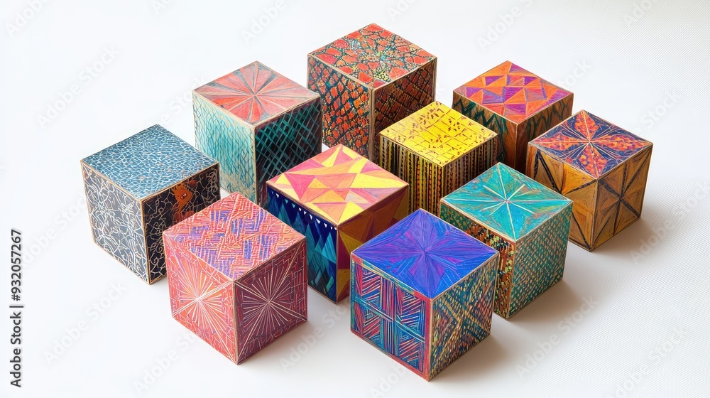 Poster cubes featuring diverse triangle patterns on each side, forming a modern, geometric arrangement.