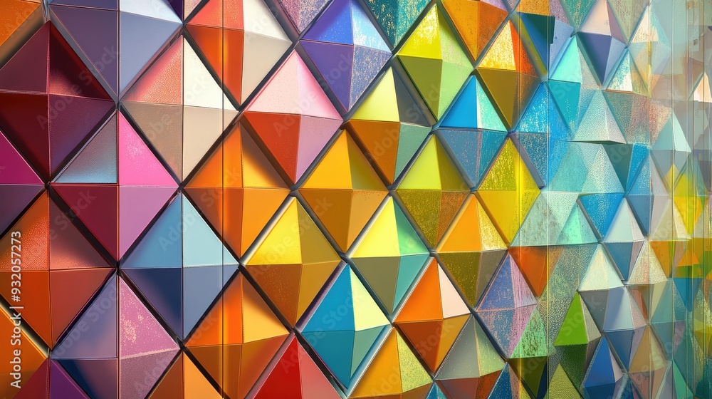 Poster cubes with a variety of triangle patterns, forming a colorful, abstract geometric design.