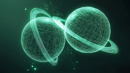 Planetary Dance: Wireframe Planets in Green Orbit on Polygonal Space Navy Background - 3D Illustration