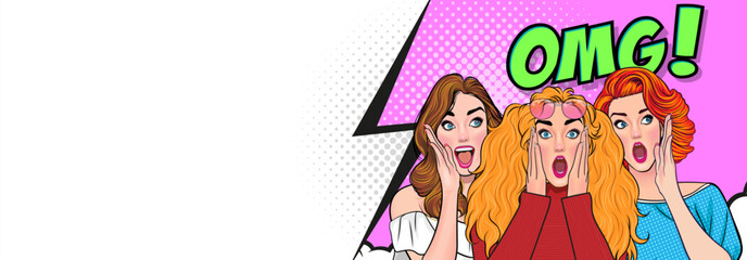 Woman whispering gossip secret to her friend surprise In Retro Vintage Pop Art Comic Style