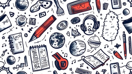 A seamless pattern of doodles with language learning essentials such as speech bubbles, foreign characters, and flashcards, alongside fun items like dictionaries and headphones,