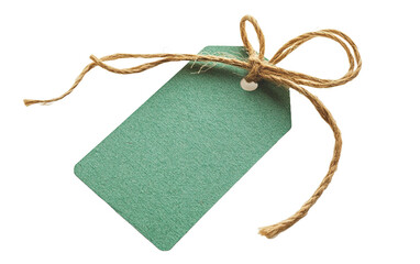 Green Craft paper tag with twine on transparent background, png	