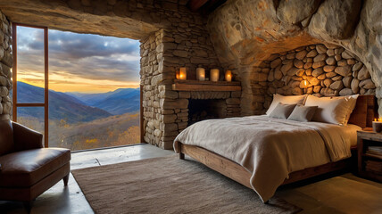 Imagine a cozy cave room carved into a mountainside ai photo