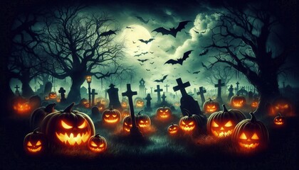 Fototapeta premium Digital art in a spooky Halloween style, featuring a graveyard filled with sinister Jack O' Lanterns, haunted trees, and bats flying against a dark, misty night
