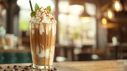 Naklejka premium Caramel Iced Coffee with Whipped Cream