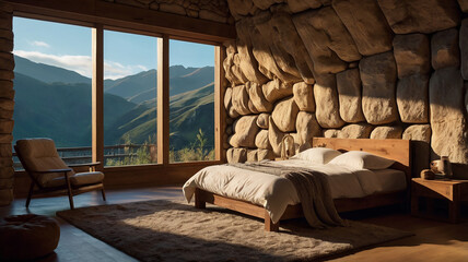 Imagine a cozy cave room carved into a mountainside ai photo