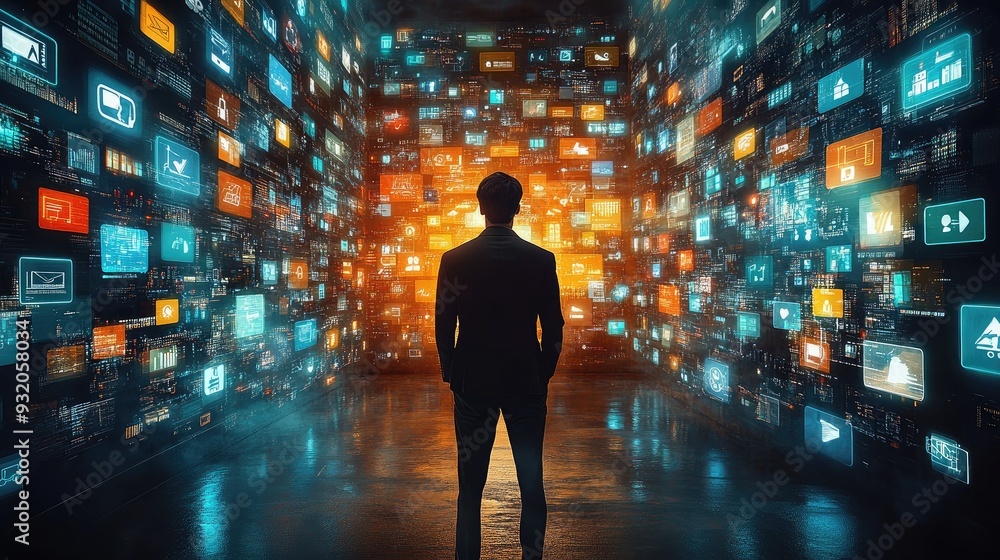 Poster businessman standing in front of a digital screen, with business-related app icons floating around h