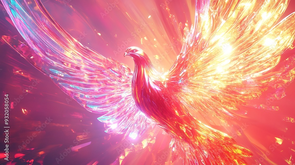 Aufkleber glowing glass phoenix in neon style on pink background with fiery wings - 3d render with high resolu