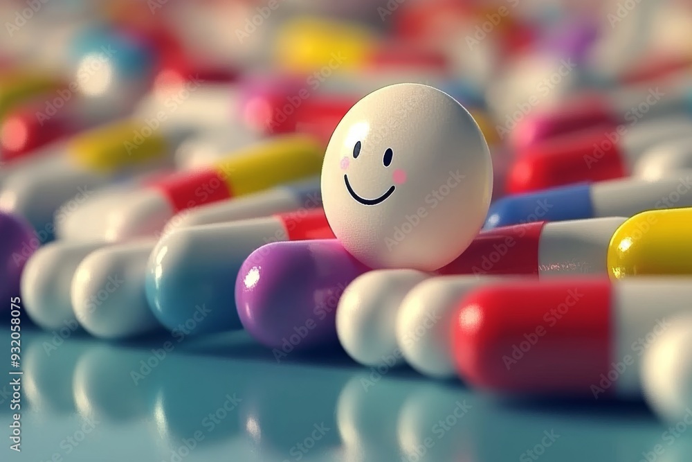 Poster minimalist illustration of a single capsule with a happy face on a yellow background representing si