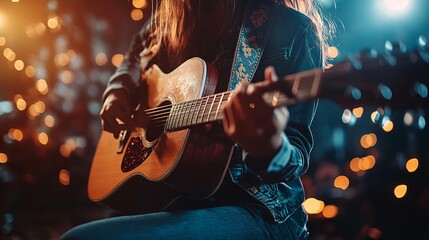 Obraz premium Intimate Acoustic Serenade: Singer-Songwriter's Passionate Performance under Spotlight