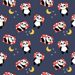 Obraz premium Good night world.Cartoon so cute panda sleep on pillow red.moon star background.pattern seamless vector and illustration.