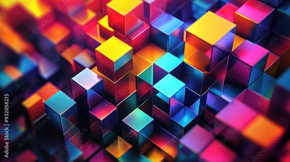 Poster abstract arrangement of cubes with different triangle patterns, forming a complex, vibrant design.