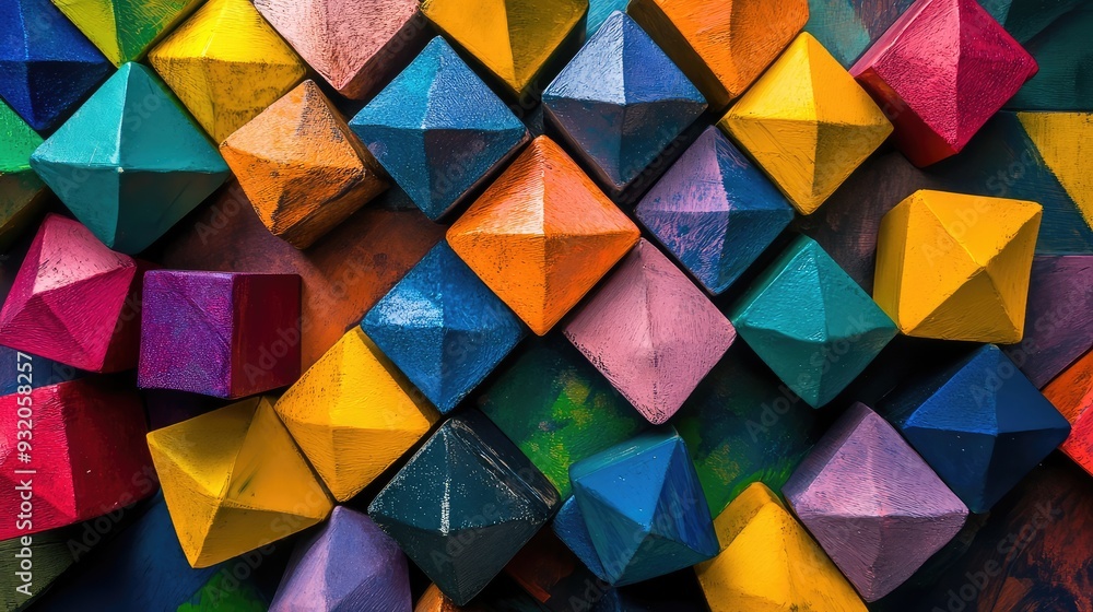 Poster a mix of cubes featuring different triangle patterns on each side, arranged in a geometric design, v