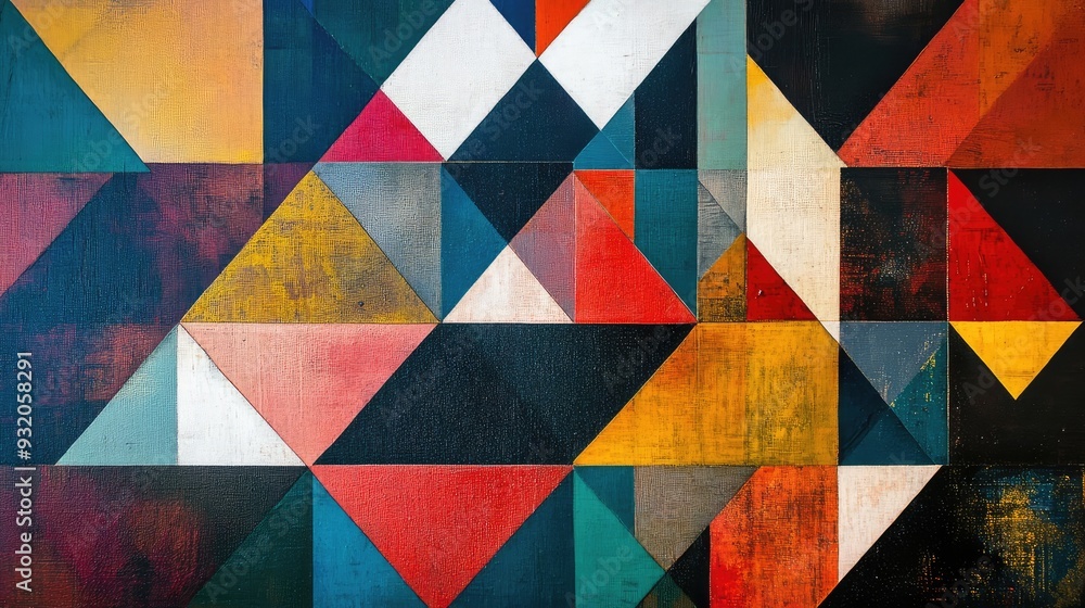 Poster a mix of cubes featuring different triangle patterns on each side, arranged in a geometric design, v