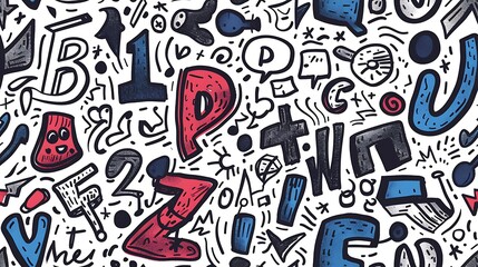 A seamless pattern of doodles with letters and numbers in quirky and playful fonts, arranged chaotically, vibrant colors, on a light gray background, fun and energetic design, hd quality.