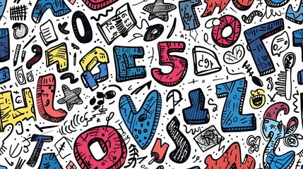 A seamless pattern of doodles with letters and numbers in various playful fonts, jumbled together in a lively arrangement, bright and bold colors, on a soft pastel background, dynamic and fun,