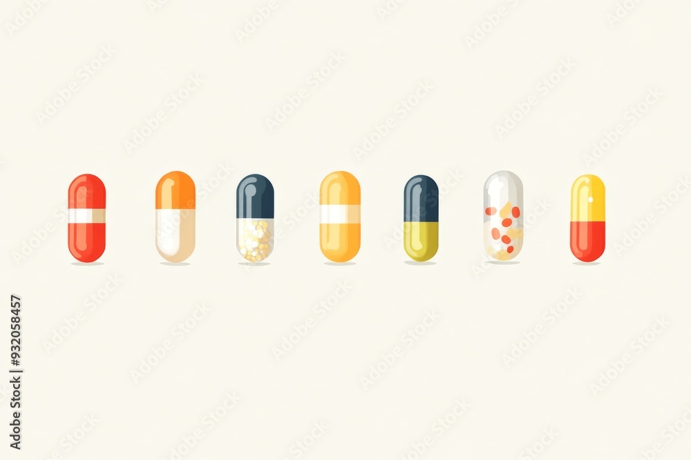 Poster Creative and minimalistic line up of different pills and capsules on a white background representing variety and order in healthcare
