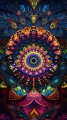 Mystical Fractal Mandala Designs with Vibrant Jewel Toned Hues and Intricate Radial Patterns