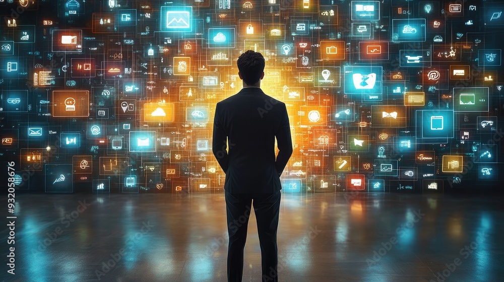 Poster businessman standing in front of a digital screen, with business-related app icons floating around h