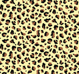 Leopard animal print, seamless pattern. Hand drawn vector illustration. Yellow background. cartoon style.