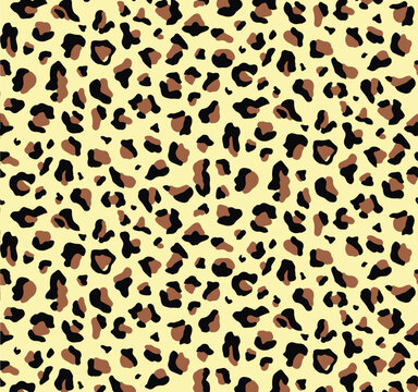 Leopard animal print, seamless pattern. Hand drawn vector illustration. Yellow background. cartoon style.