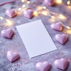 A blank card surrounded by pink hearts and fairy lights, ideal for a romantic note.