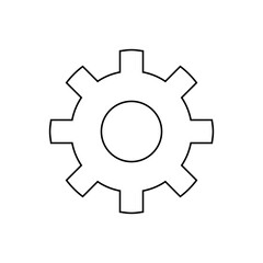 Black gear icon in a simple, minimalistic design, representing engineering, mechanics, and technical processes. The clean lines and straightforward design emphasize functionality and precision.
