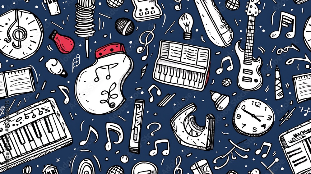 Poster A seamless pattern of doodles with musical elements like notes, clefs, and bars, mixed with instruments such as pianos and guitars, in a vibrant and rhythmic color scheme, on a soft blue background,