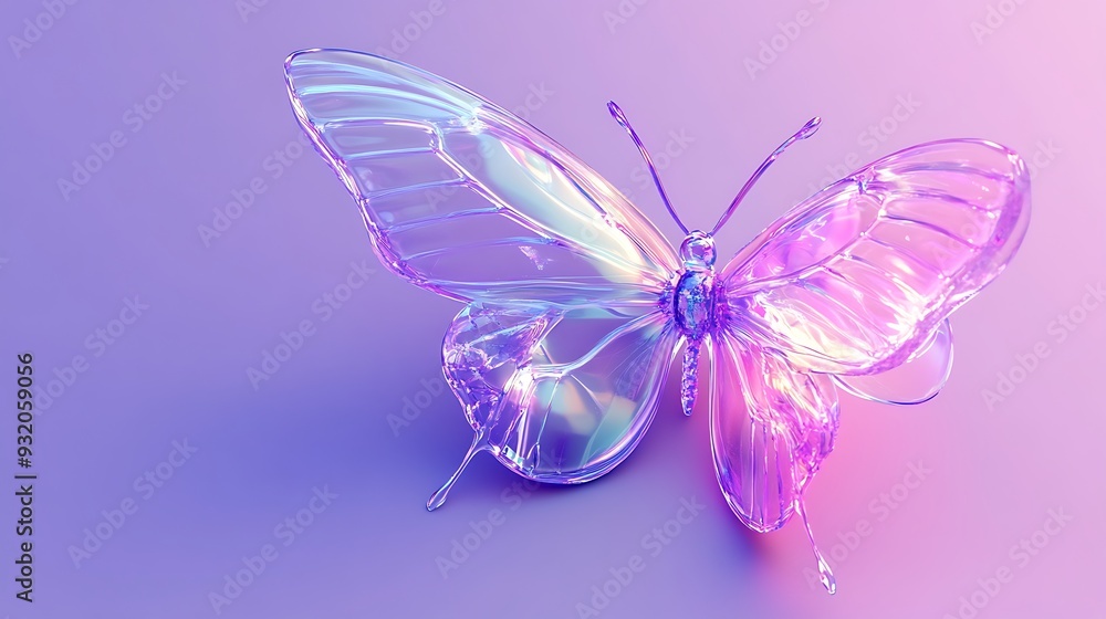 Aufkleber luminous 3d glass butterfly in neon style on lavender background with delicate wings - high resoluti