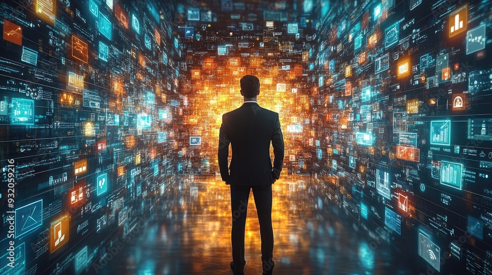 Poster businessman standing in front of a digital screen, with business-related app icons floating around h