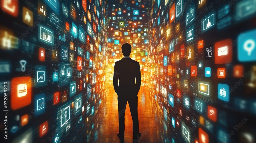 Poster businessman standing in front of a digital screen, with business-related app icons floating around h